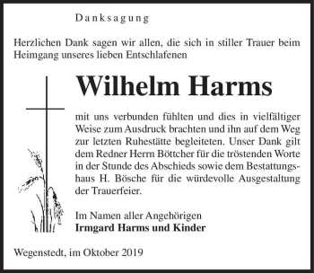 Traueranzeige von Wilhelm Harms  von Magdeburger Volksstimme