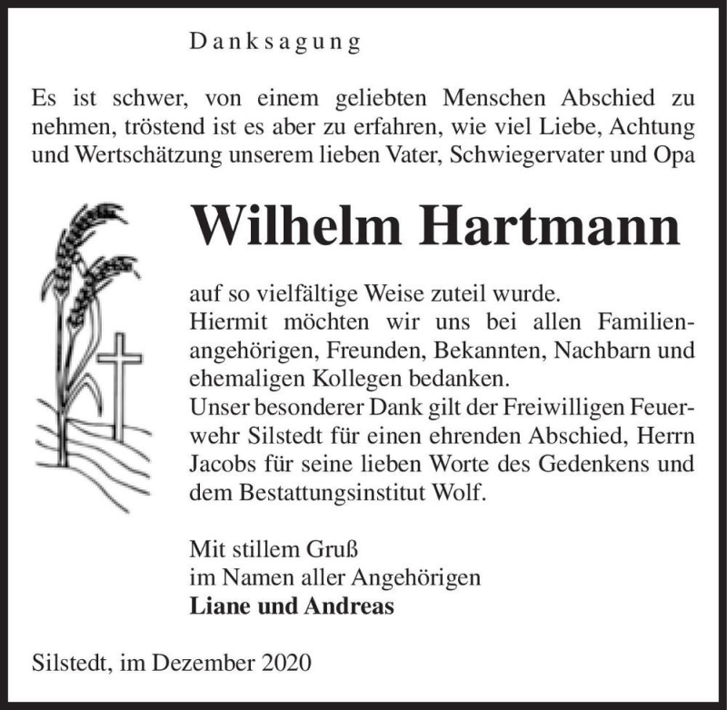  Traueranzeige für Wilhelm Hartmann  vom 02.01.2021 aus Magdeburger Volksstimme