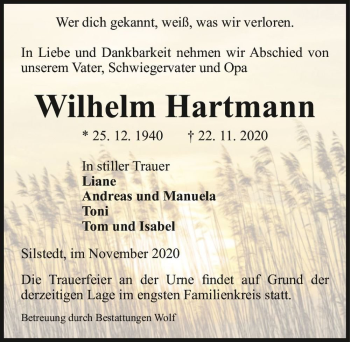 Traueranzeige von Wilhelm Hartmann  von Magdeburger Volksstimme