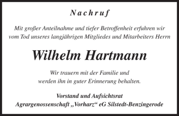 Traueranzeige von Wilhelm Hartmann  von Magdeburger Volksstimme