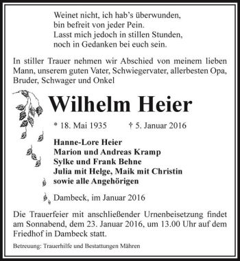 Traueranzeige von Wilhelm Heier  von Magdeburger Volksstimme