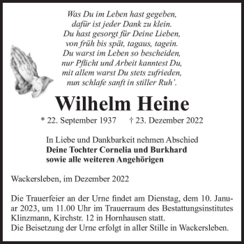 Traueranzeige von Wilhelm Heine  von Magdeburger Volksstimme