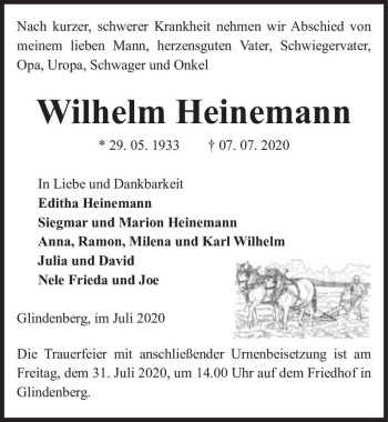 Traueranzeige von Wilhelm Heinemann  von Magdeburger Volksstimme