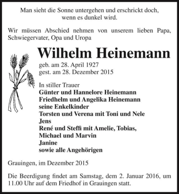 Traueranzeige von Wilhelm Heinemann  von Magdeburger Volksstimme