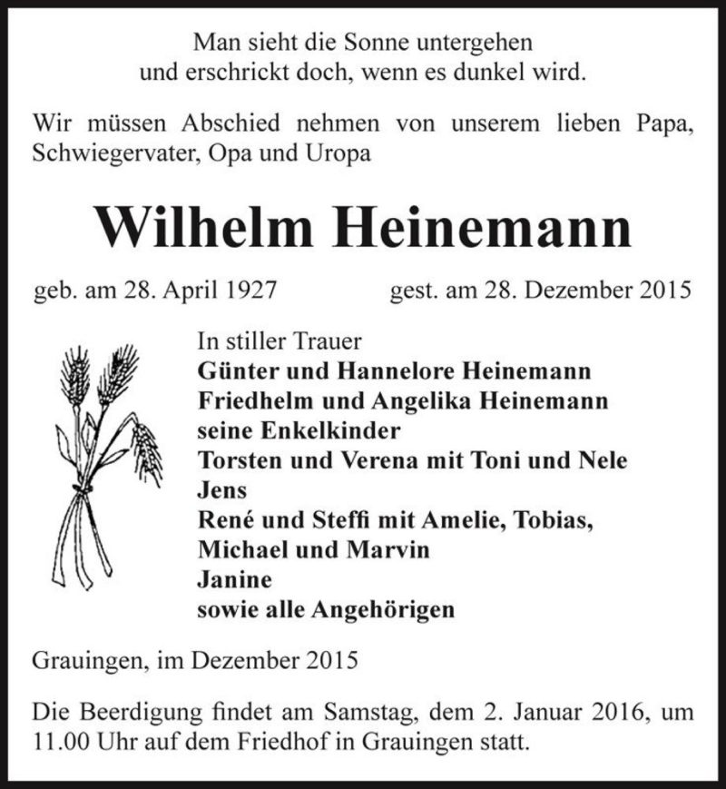  Traueranzeige für Wilhelm Heinemann  vom 30.12.2015 aus Magdeburger Volksstimme