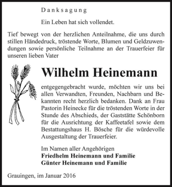 Traueranzeige von Wilhelm Heinemann  von Magdeburger Volksstimme