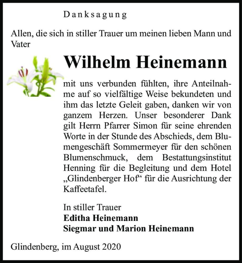  Traueranzeige für Wilhelm Heinemann  vom 08.08.2020 aus Magdeburger Volksstimme