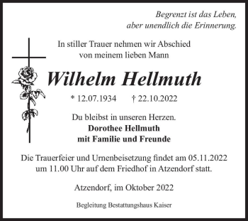 Traueranzeige von Wilhelm Hellmuth  von Magdeburger Volksstimme