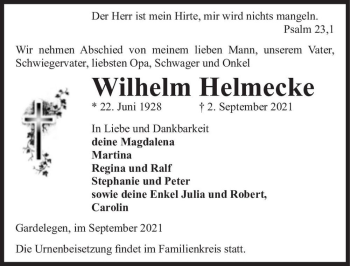 Traueranzeige von Wilhelm Helmecke  von Magdeburger Volksstimme