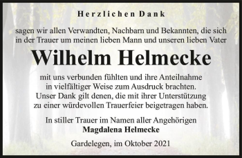 Traueranzeige von Wilhelm Helmecke  von Magdeburger Volksstimme