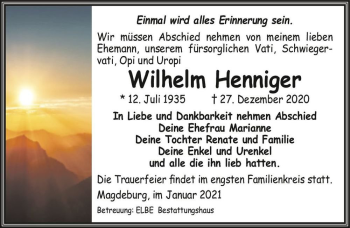 Traueranzeige von Wilhelm Henniger  von Magdeburger Volksstimme