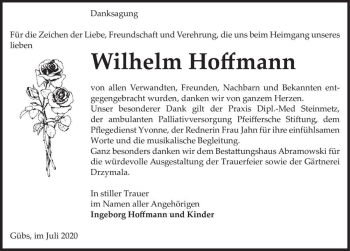 Traueranzeige von Wilhelm Hoffmann  von Magdeburger Volksstimme