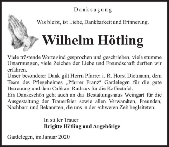 Traueranzeige von Wilhelm Hötling  von Magdeburger Volksstimme