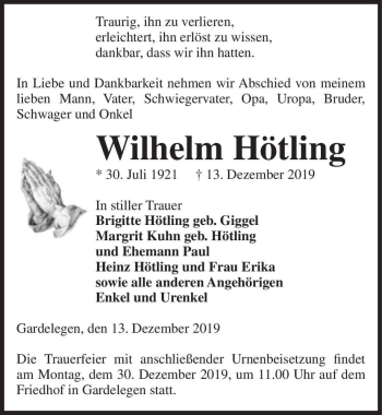 Traueranzeige von Wilhelm Hötling  von Magdeburger Volksstimme
