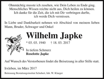 Traueranzeige von Wilhelm Japke  von Magdeburger Volksstimme