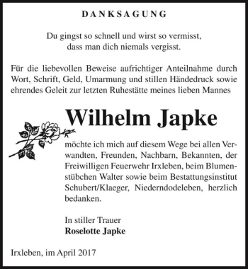 Traueranzeige von Wilhelm Japke  von Magdeburger Volksstimme