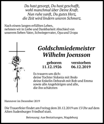 Traueranzeige von Wilhelm Joensson  von Magdeburger Volksstimme