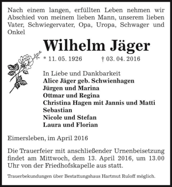Traueranzeige von Wilhelm Jäger  von Magdeburger Volksstimme