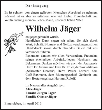 Traueranzeige von Wilhelm Jäger  von Magdeburger Volksstimme