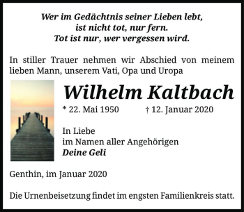 Traueranzeige von Wilhelm Kaltbach  von Magdeburger Volksstimme