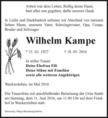 Traueranzeige von Wilhelm Kampe  von Magdeburger Volksstimme