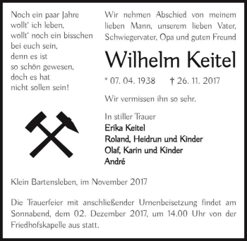 Traueranzeige von Wilhelm Keitel  von Magdeburger Volksstimme