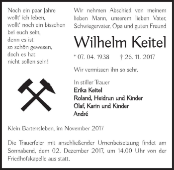 Traueranzeige von Wilhelm Keitel  von Magdeburger Volksstimme