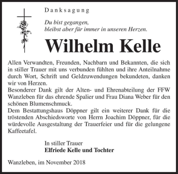 Traueranzeige von Wilhelm Kelle  von Magdeburger Volksstimme