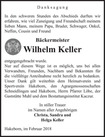 Traueranzeige von Wilhelm Keller  von Magdeburger Volksstimme