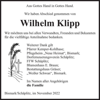 Traueranzeige von Wilhelm Klipp  von Magdeburger Volksstimme