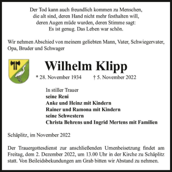 Traueranzeige von Wilhelm Klipp  von Magdeburger Volksstimme