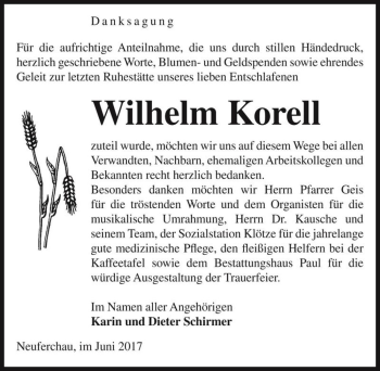 Traueranzeige von Wilhelm Korell  von Magdeburger Volksstimme