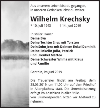 Traueranzeige von Wilhelm Krechsky  von Magdeburger Volksstimme