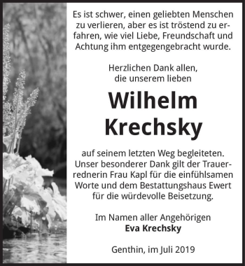 Traueranzeige von Wilhelm Krechsky  von Magdeburger Volksstimme