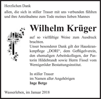 Traueranzeige von Wilhelm Krüger  von Magdeburger Volksstimme