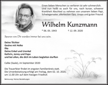 Traueranzeige von Wilhelm Kunzmann  von Magdeburger Volksstimme