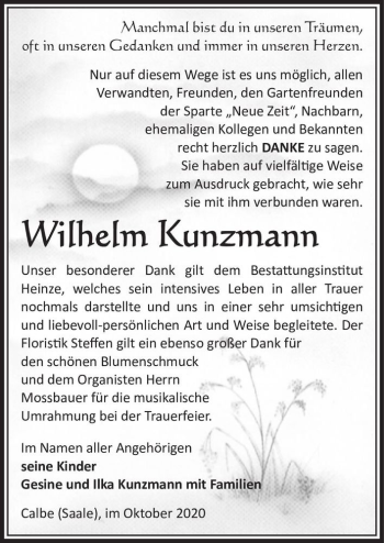 Traueranzeige von Wilhelm Kunzmann  von Magdeburger Volksstimme