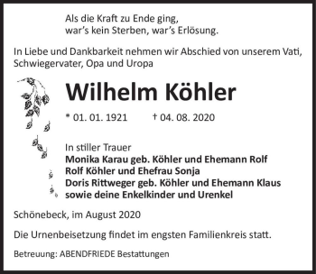 Traueranzeige von Wilhelm Köhler  von Magdeburger Volksstimme