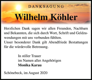 Traueranzeige von Wilhelm Köhler  von Magdeburger Volksstimme