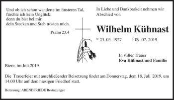 Traueranzeige von Wilhelm Kühnast  von Magdeburger Volksstimme
