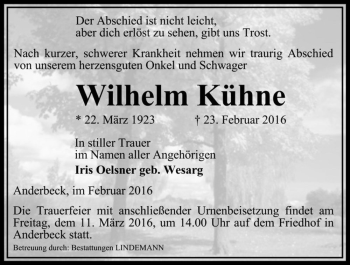 Traueranzeige von Wilhelm Kühne  von Magdeburger Volksstimme