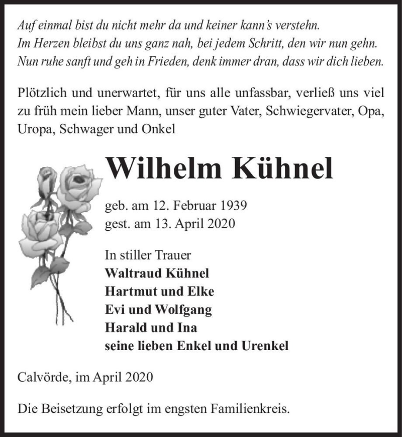 Traueranzeige für Wilhelm Kühnel  vom 15.04.2020 aus Magdeburger Volksstimme