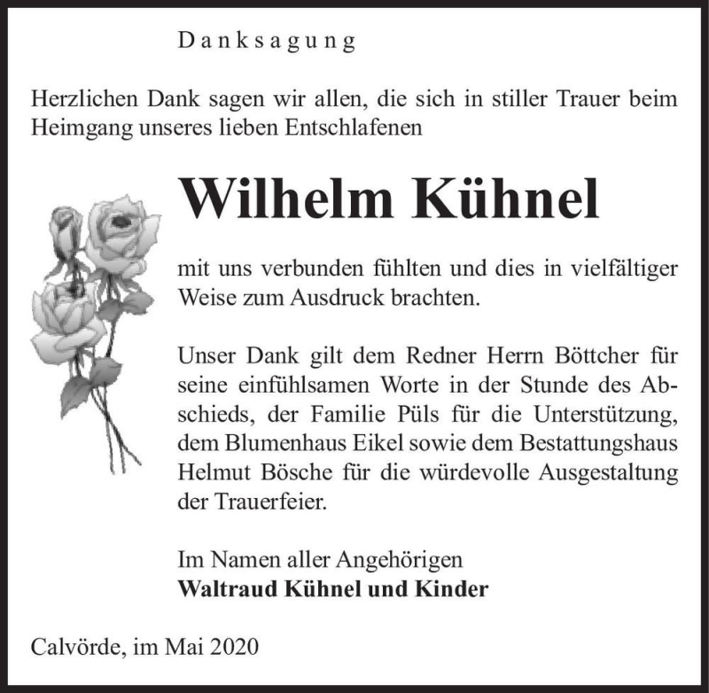  Traueranzeige für Wilhelm Kühnel  vom 13.05.2020 aus Magdeburger Volksstimme