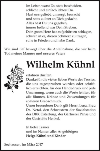 Traueranzeige von Wilhelm Kühnl  von Magdeburger Volksstimme