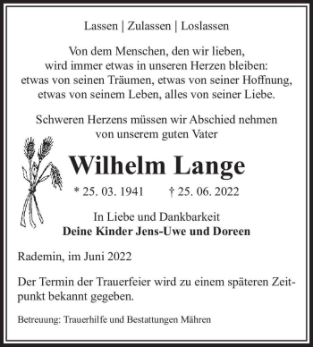 Traueranzeige von Wilhelm Lange  von Magdeburger Volksstimme