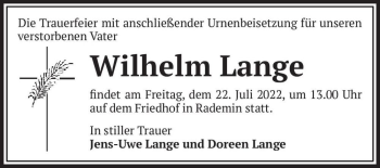 Traueranzeige von Wilhelm Lange  von Magdeburger Volksstimme