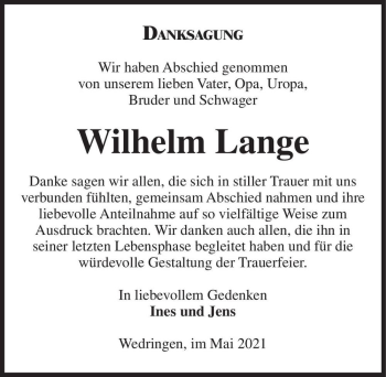 Traueranzeige von Wilhelm Lange  von Magdeburger Volksstimme