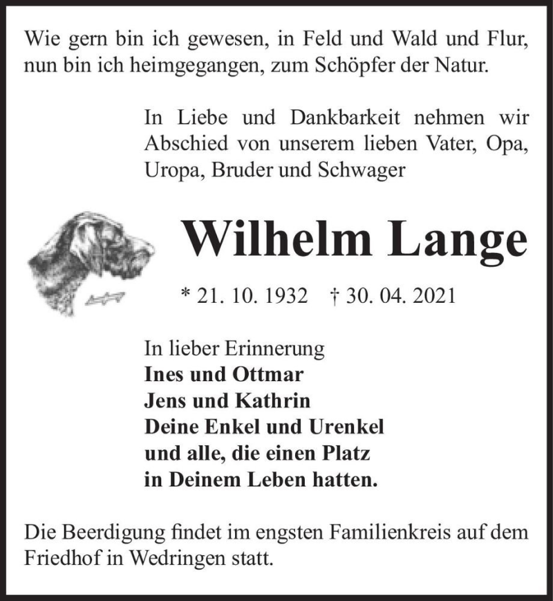  Traueranzeige für Wilhelm Lange  vom 06.05.2021 aus Magdeburger Volksstimme