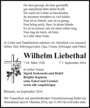Traueranzeige von Wilhelm Liebethal  von Magdeburger Volksstimme