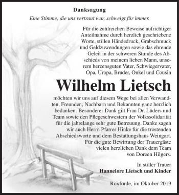 Traueranzeige von Wilhelm Lietsch  von Magdeburger Volksstimme
